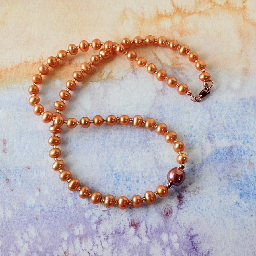 Orange Freshwater Pearl Necklace with a Rose Gold Filled Trigger Clasp