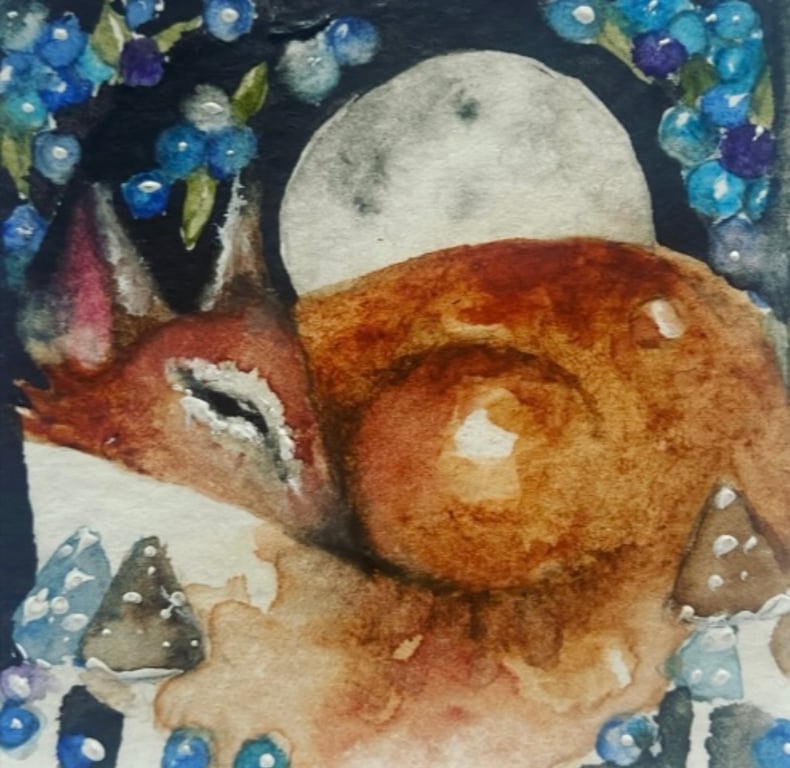 ACEO Original Resting Fox in Moonlight with Mushrooms and Berries Watercolour 
