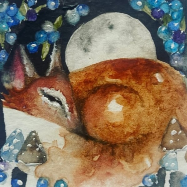 ACEO Original Resting Fox in Moonlight with Mushrooms and Berries Watercolour 