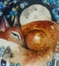 ACEO Original Resting Fox in Moonlight with Mushrooms and Berries Watercolour 