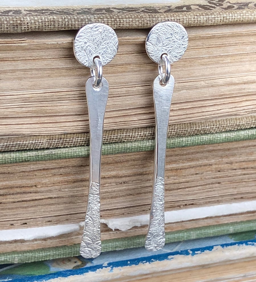 Forged silver rod studs, silver drop earrings, silver studs