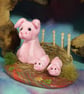 Tiny Pig 'Prudie' with two tiniest fingertip piglets on fenced tableau OOAK