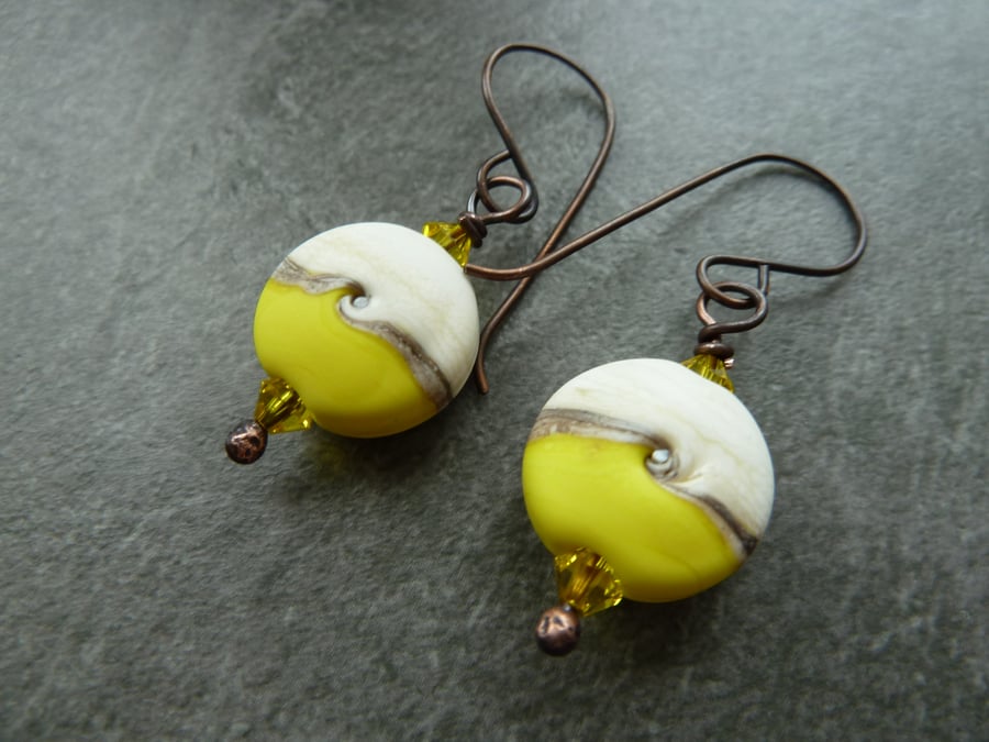 copper, yellow lampwork glass earrings