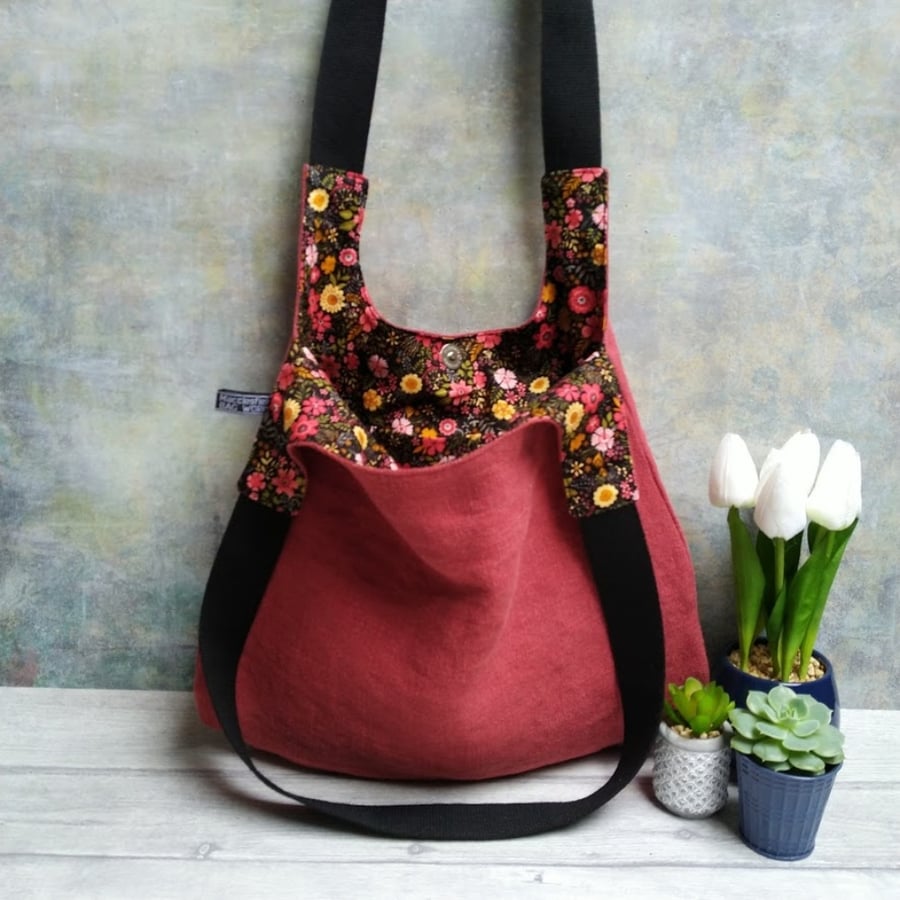 Burgundy Linen Shoulder Hobo Bag