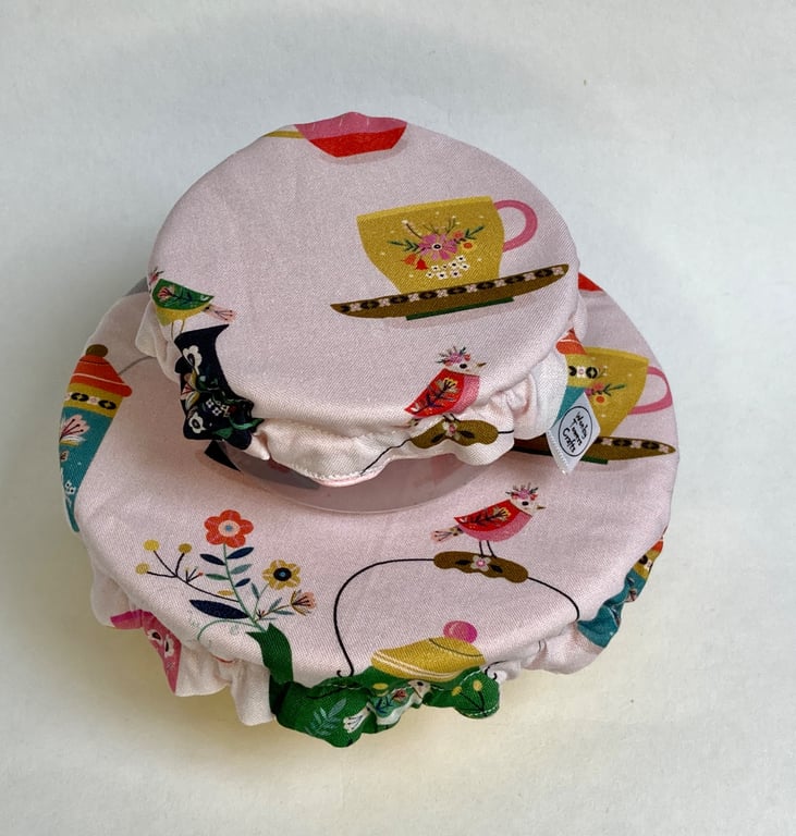 Reusable bowl covers - set of two, small and extra small.  Turquoise and pink