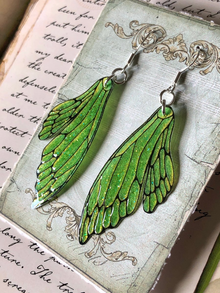 Leaf Green Double Fairy Wing Earrings Sterling Silver