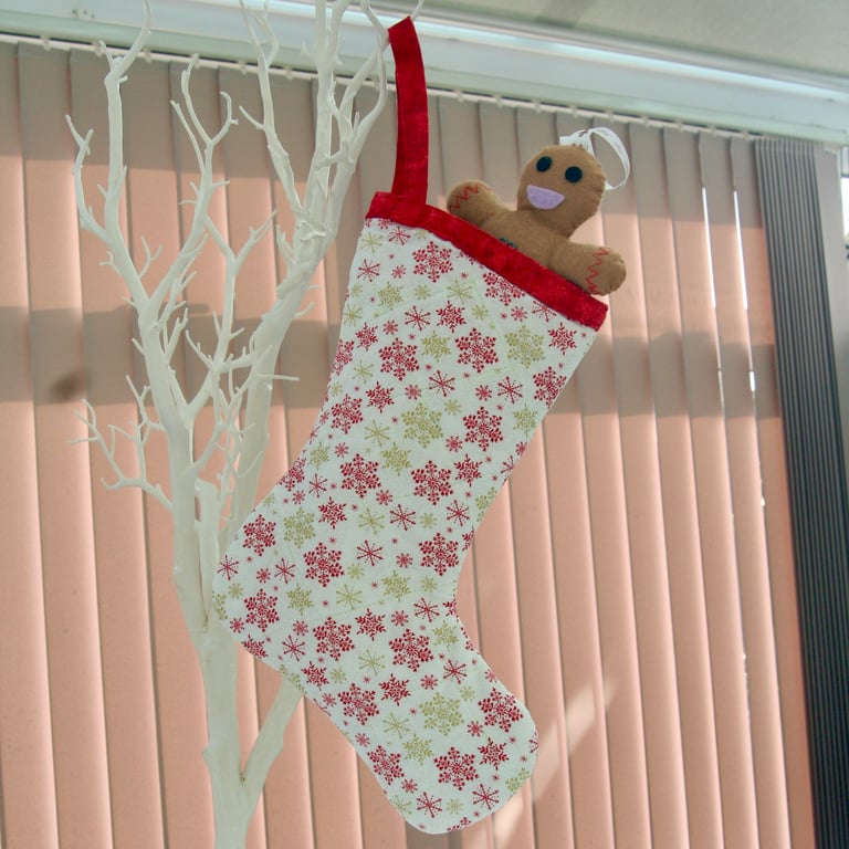 Hanging Christmas Stocking with Snowflakes and Red Hanging Loop