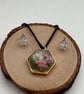 Real Dried Flower Resin Necklace Earrings Set, Botanical Gold Pendant, Nature