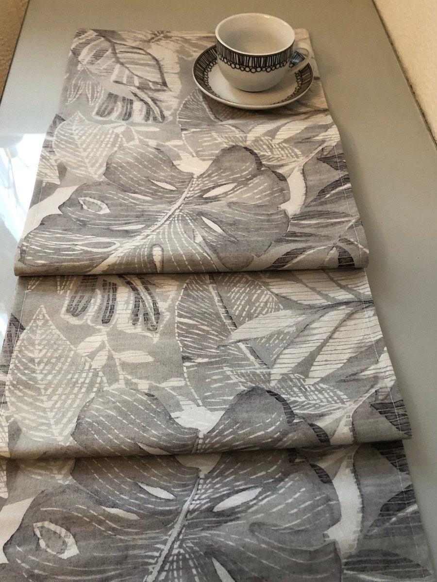 6.5 foot Tropical Table Runner Grey Monstera Leaf Cotton Lined