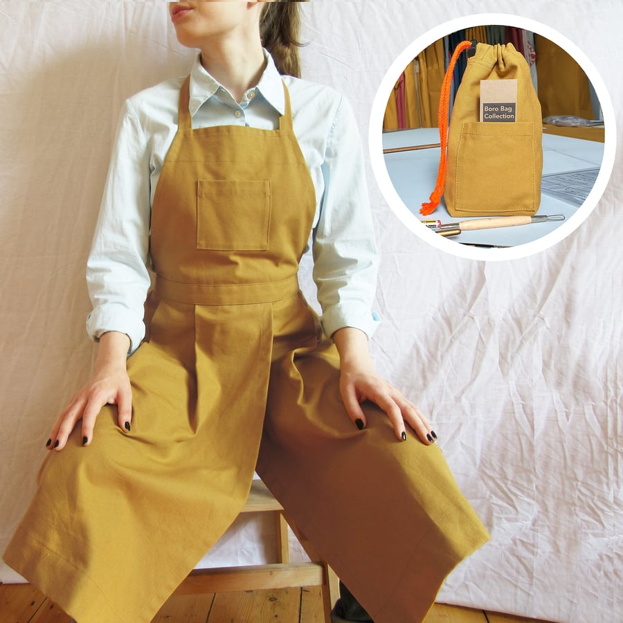 Pleated Split Leg Potters Apron AND Tool Pouch. Ochre Canvas
