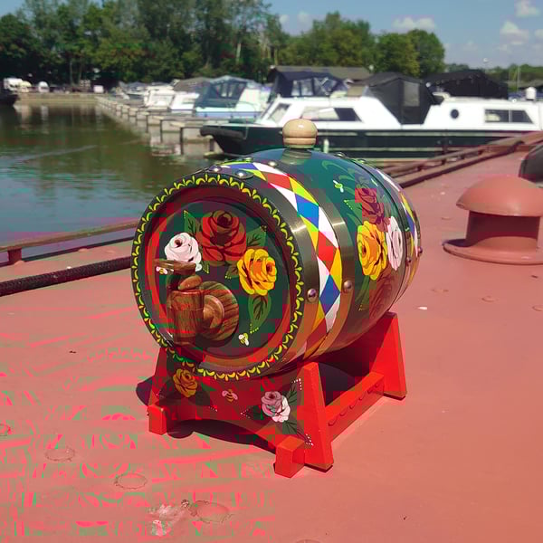 Rose and Castle bargeware barrel in canal folk art style 
