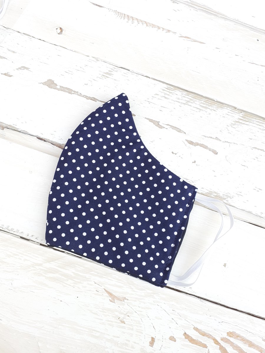 Handmade navy and white spotty  Face Mask