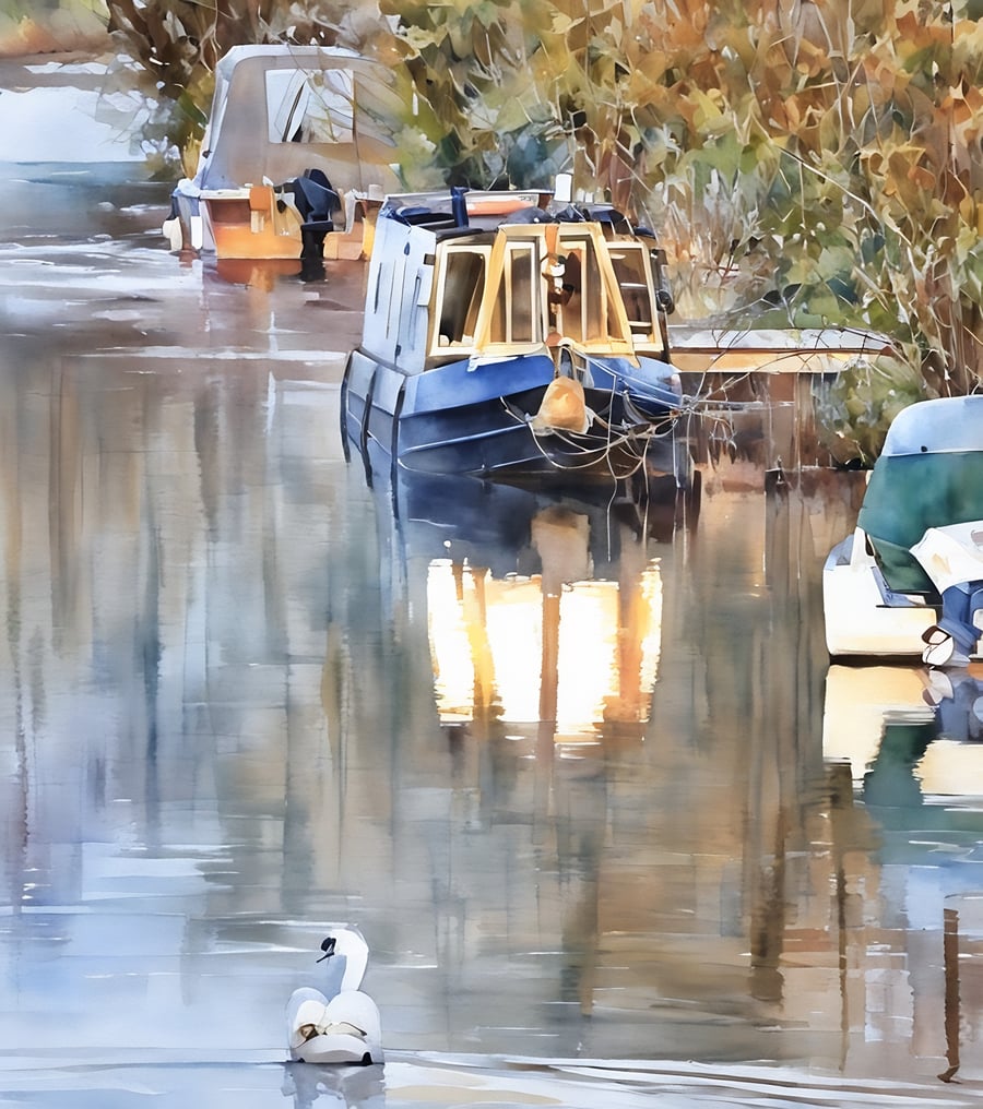 Print of Original Water Colour A4 Swan & Boats On Fens 