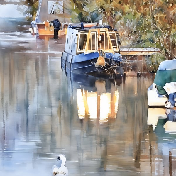 Print of Original Water Colour A4 Swan & Boats On Fens 