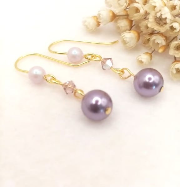 Pearl Earrings - Amethyst & Rose Crystal Pearl Earrings - Special Occasion 