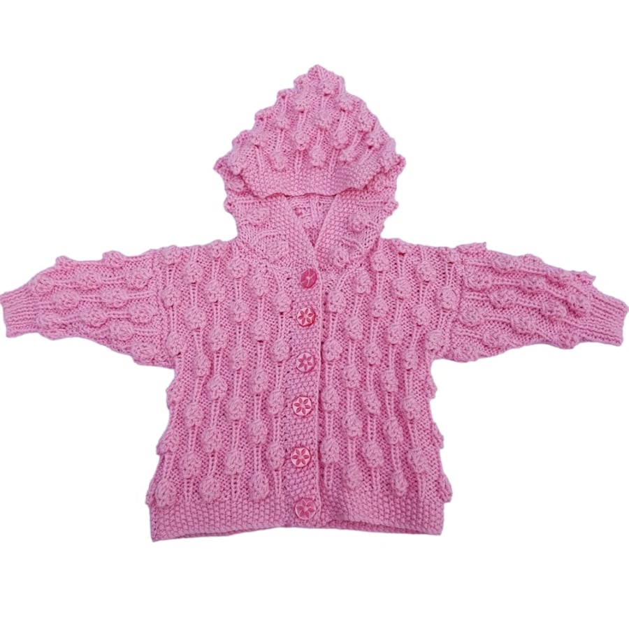 Pink hooded baby cardigan with bobble pattern 0 - 6 months 
