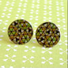 Recycled vintage tin green black silver geometric design circle stud earrings