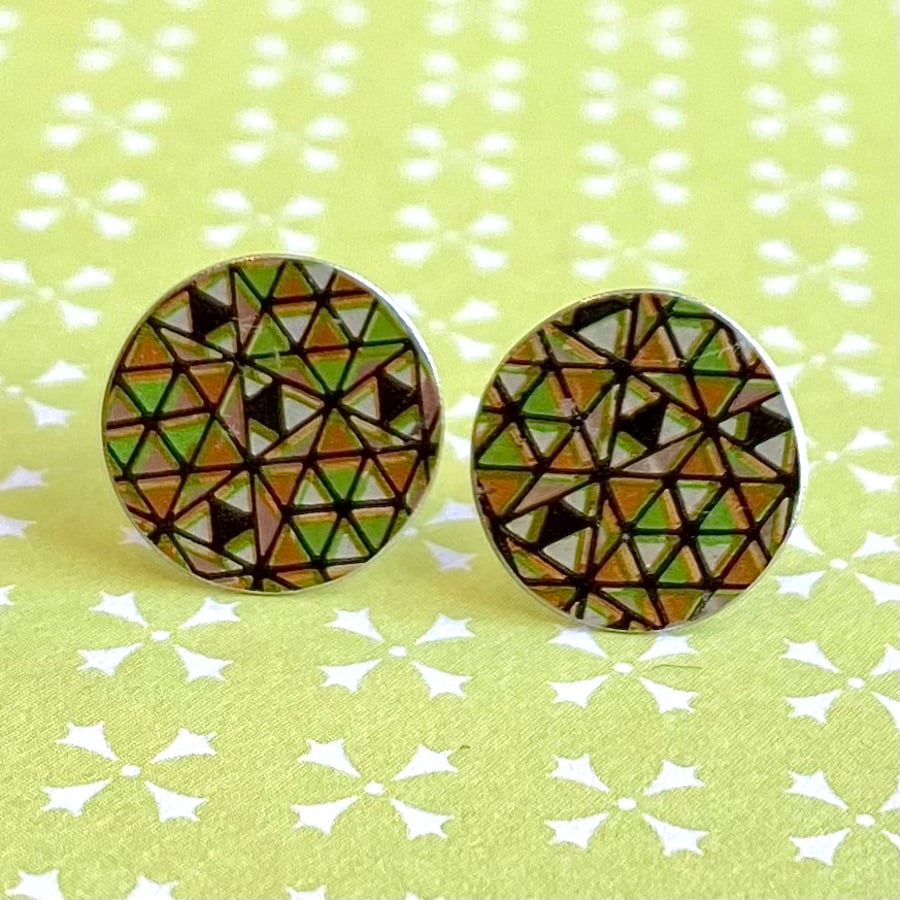 Recycled vintage tin green black silver geometric design circle stud earrings