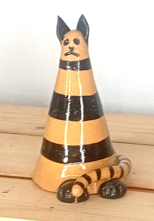 Hand made t humorous, stripey, quirky conical, cat figurine