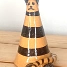 Hand made t humorous, stripey, quirky conical, cat figurine