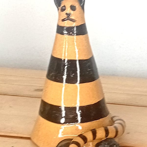 Hand made t humorous, stripey, quirky conical, cat figurine