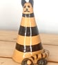 Hand made t humorous, stripey, quirky conical, cat figurine