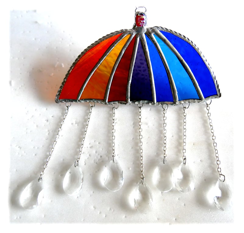 Umbrella Suncatcher Stained Glass Handmade Crystal Raindrops