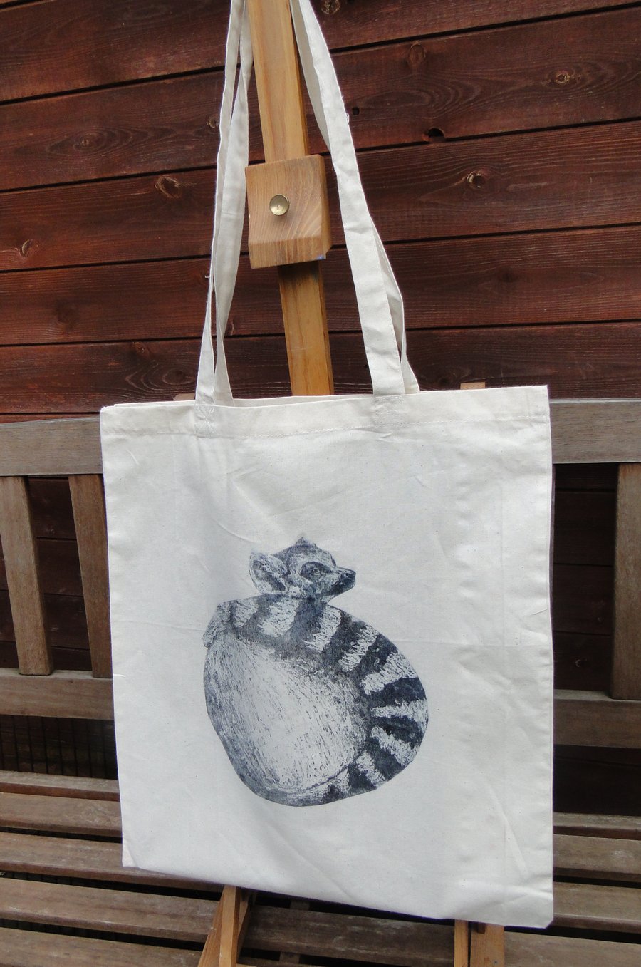 Tote Bag Ring Tailed Lemur Animal Collagraph Hand Printed Cream Shopping Bag