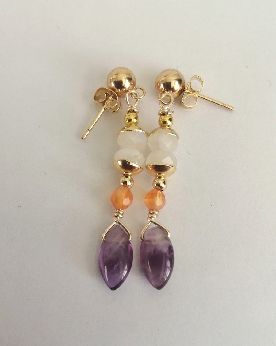 Dangle earrings, moonstone, carnelian and amethyst 