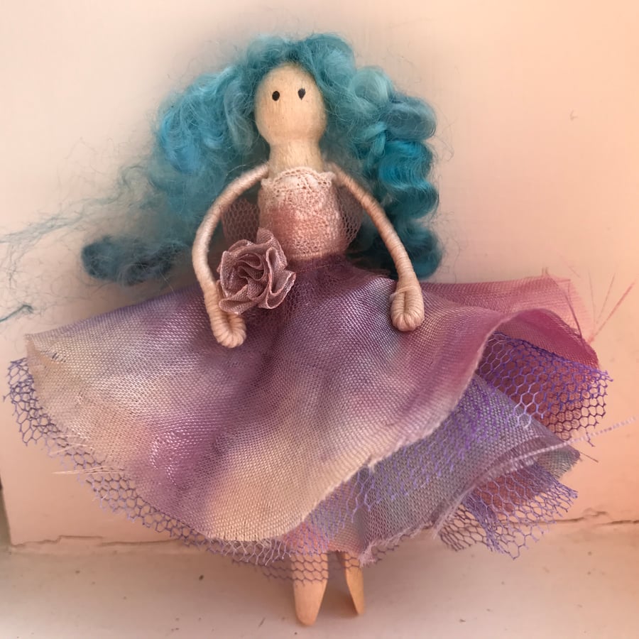 Peg doll in purple silk and vintage lace