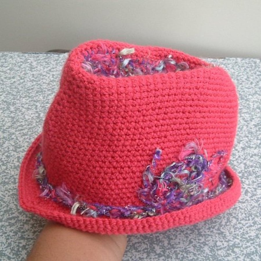 Baby Trilby! Crocheted Pink & Rainbow yarn Trilby for the Little Lady.