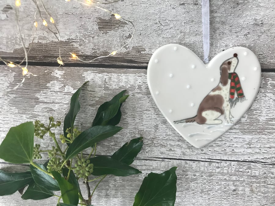 Brown and White Spaniel or Cockapoo with scarf Hand Painted Ceramic Heart