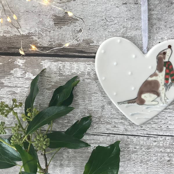 Brown and White Spaniel or Cockapoo with scarf Hand Painted Ceramic Heart