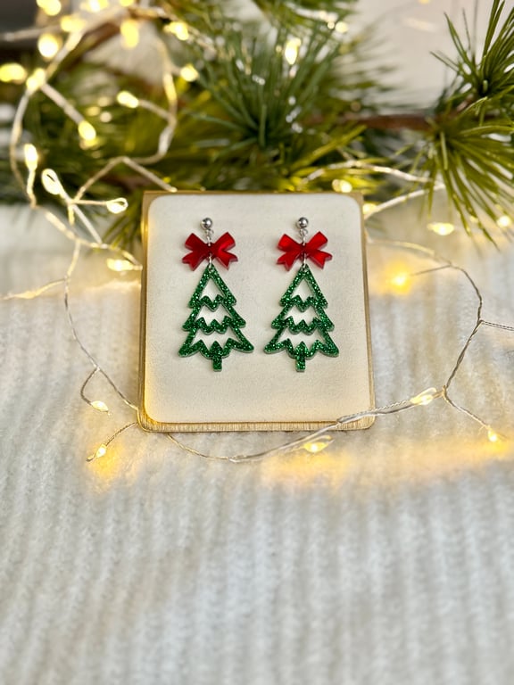 Christmas Tree and Bow Acrylic Earrings 
