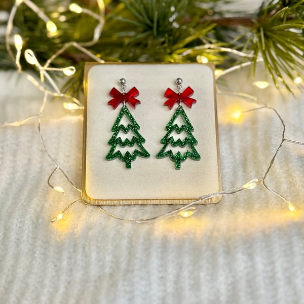 Christmas Tree and Bow Acrylic Earrings 