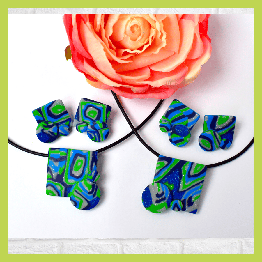 Bribie Island Blue, Green and Silver Square Polymer Clay Pendant & Earring Set
