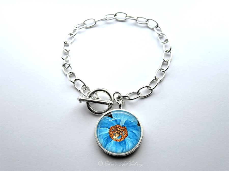 Silver Plated Blue Poppy Flower Art Large Link Charm Bracelet With Toggle