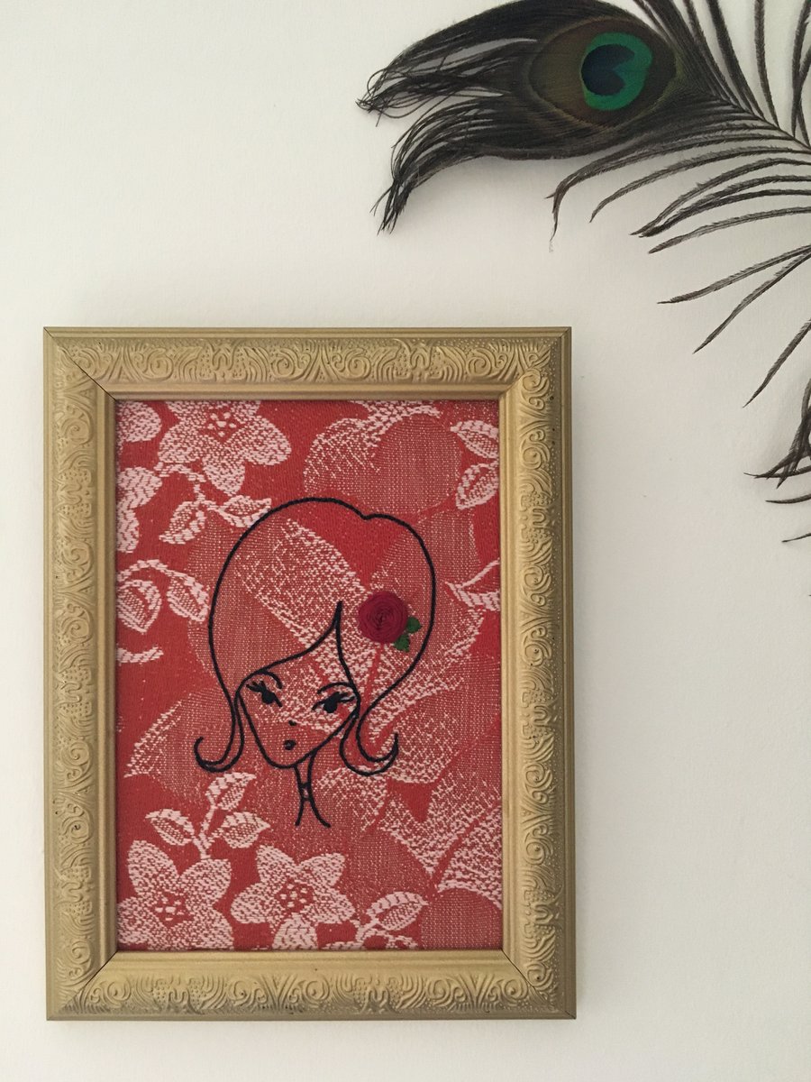 Hand Embroidered Girl on 1930’s Vintage Fabric in a Vintage Frame