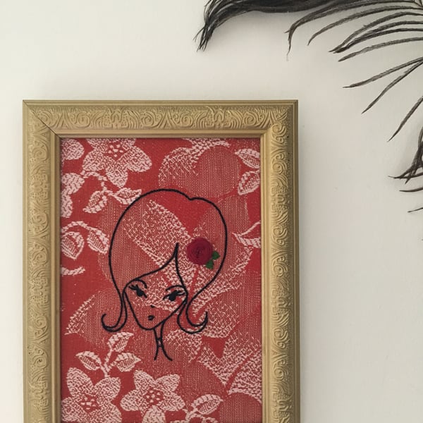 Hand Embroidered Girl on 1930’s Vintage Fabric in a Vintage Frame