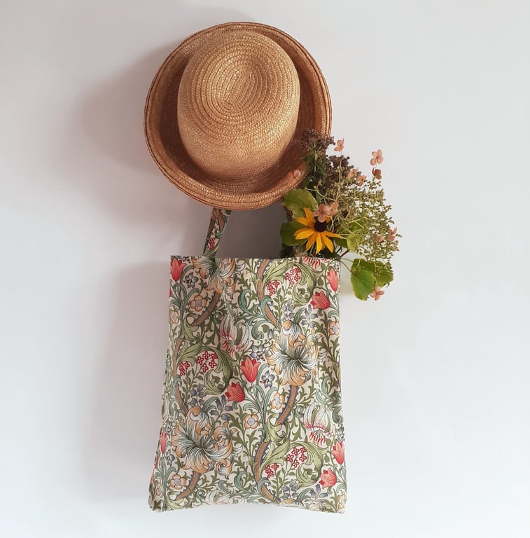 Tote bag with pocket and fold away wallet in a vintage Sanderson print by Morris