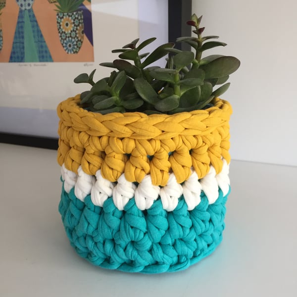 Crochet plant pot cover made with upcycled tshirt yarn - mustard mini