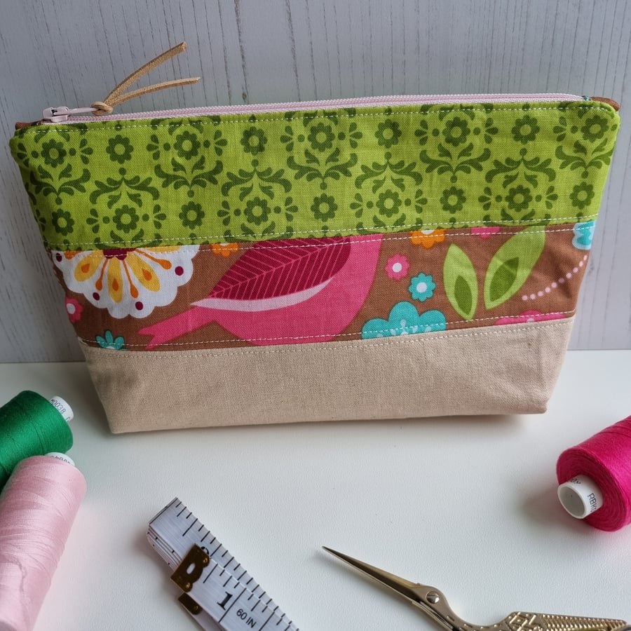 Large pencil case, zipped pouch, spring multi colour, notions case, make-up bag