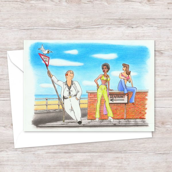 Seaside Postcard Greeting Card: Pencil Illustration with a Seventies Vibe (803)