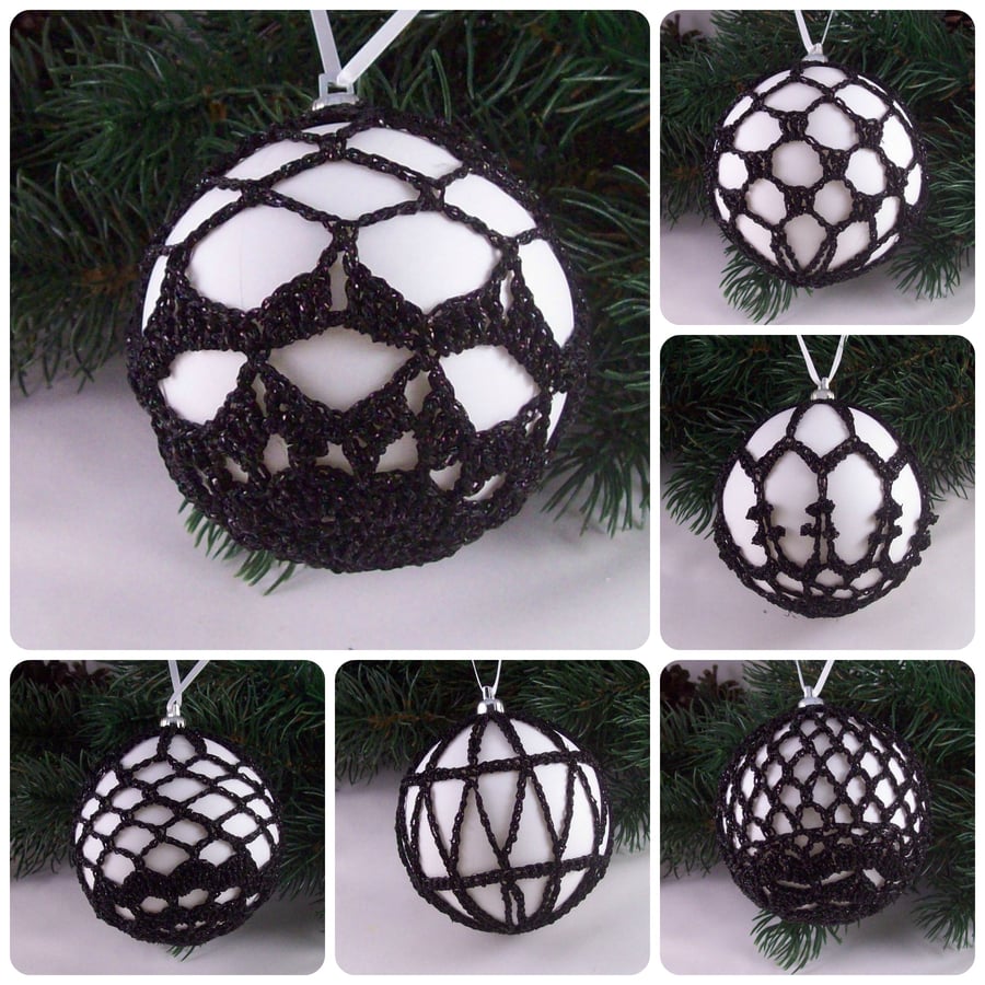 Christmas baubles boxed set of 6 large decorated with crochet lace (A9)