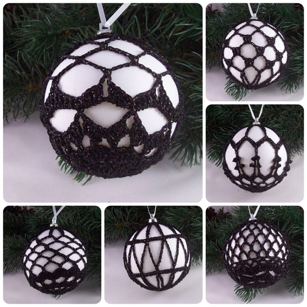 Christmas baubles boxed set of 6 large decorated with crochet lace (A9)