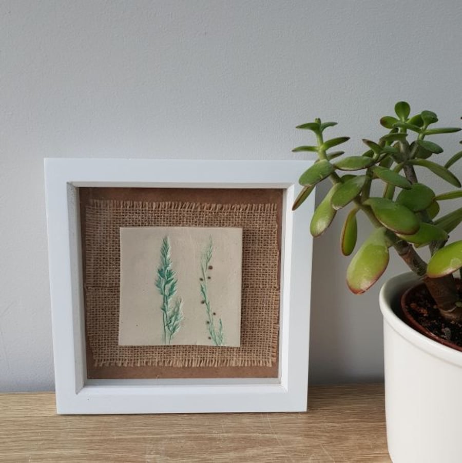 Framed Ceramic Botanical Tile – Green Grasses