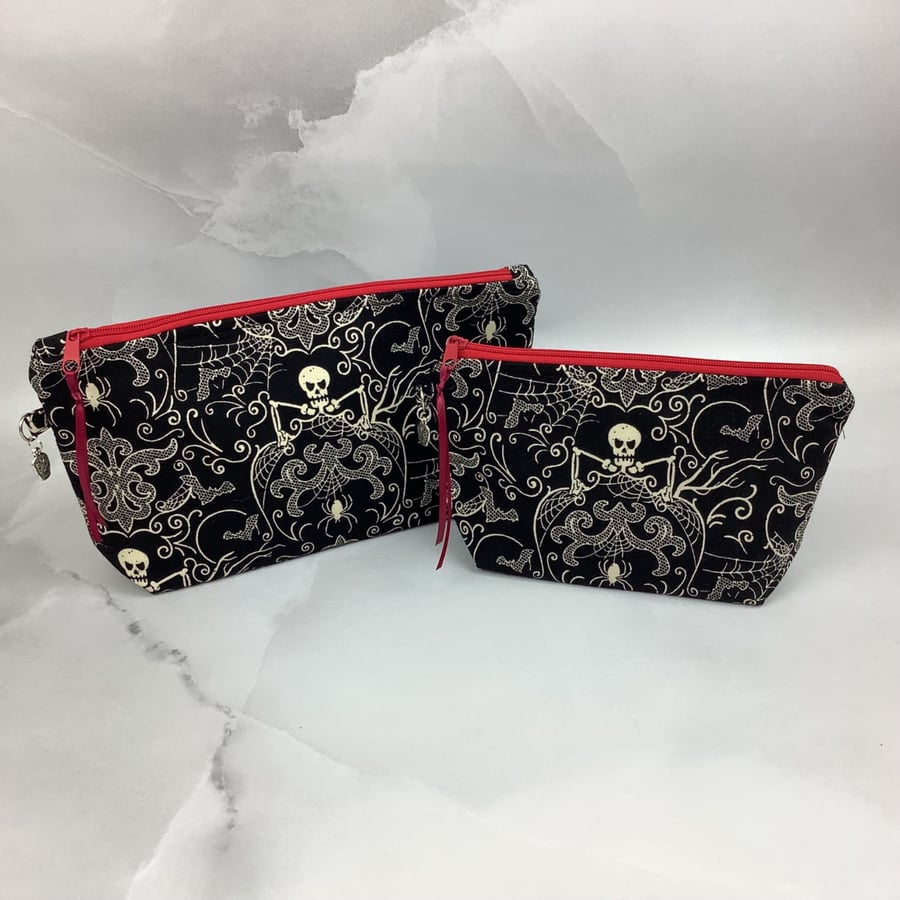 Skeletons makeup bag, Gothic zip bag, 2 size options, Handmade