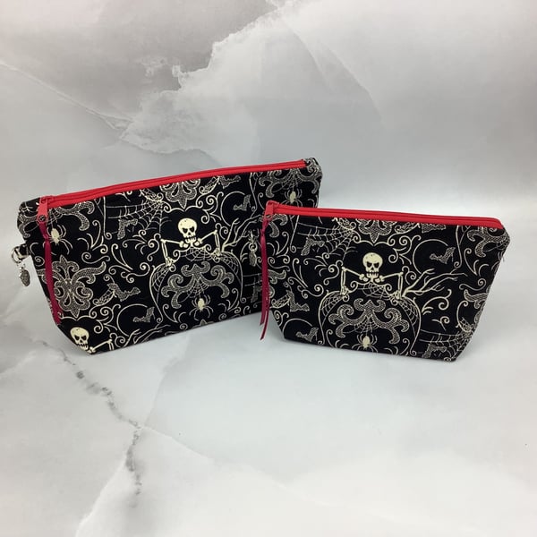 Skeletons makeup bag, Gothic zip bag, 2 size options, Handmade