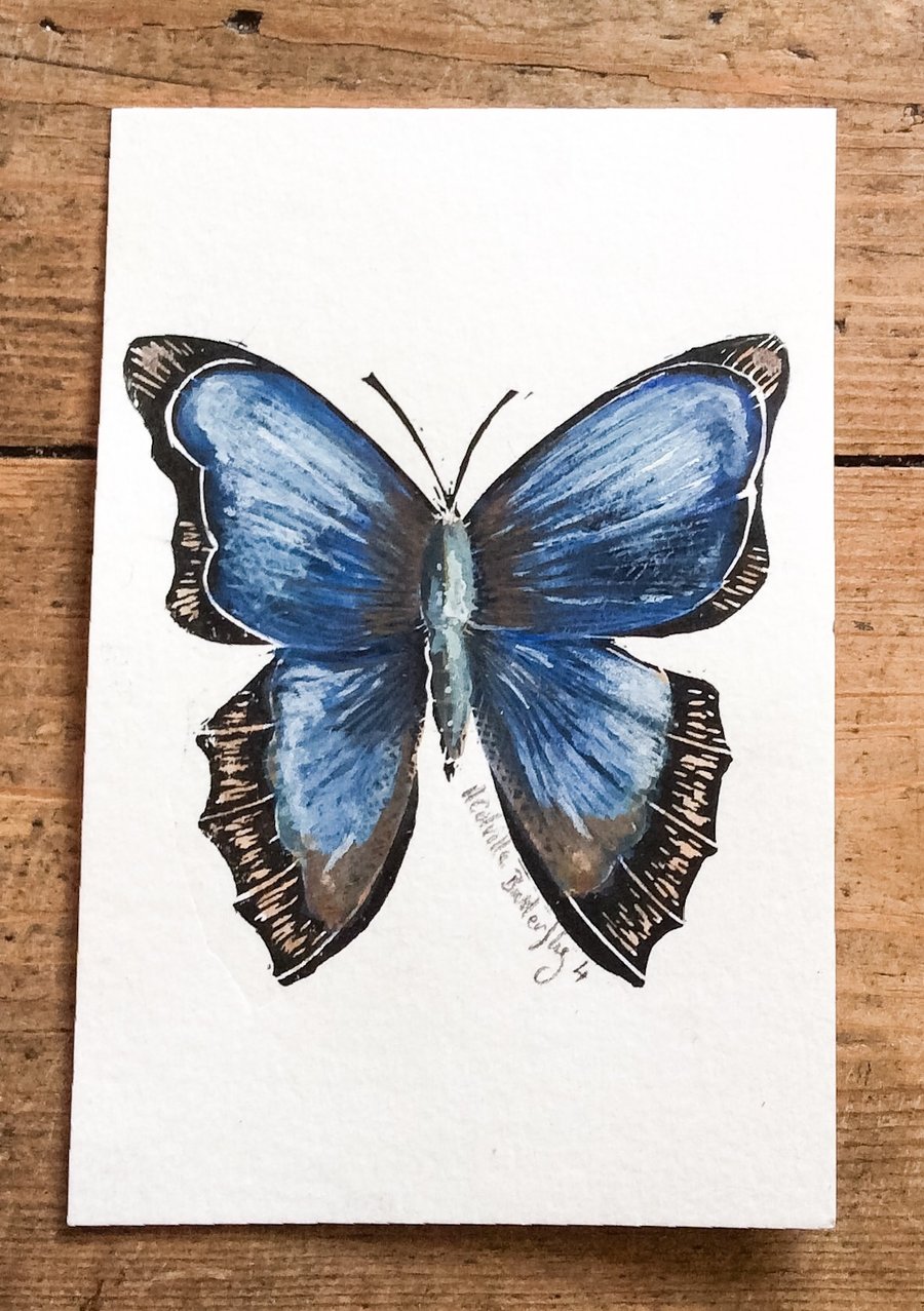 Butterfly hand painted watercolour and lino print. Butterfly 4