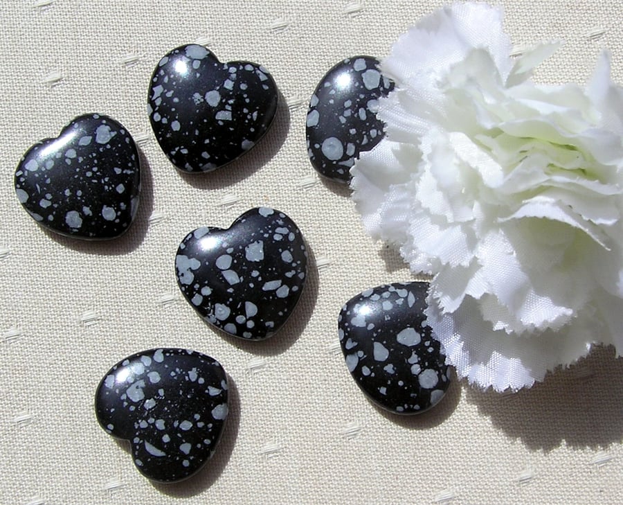 6 Snowflake Obsidian Solid Gemstone Polished Hearts - 20mm - Chakra - Crafting